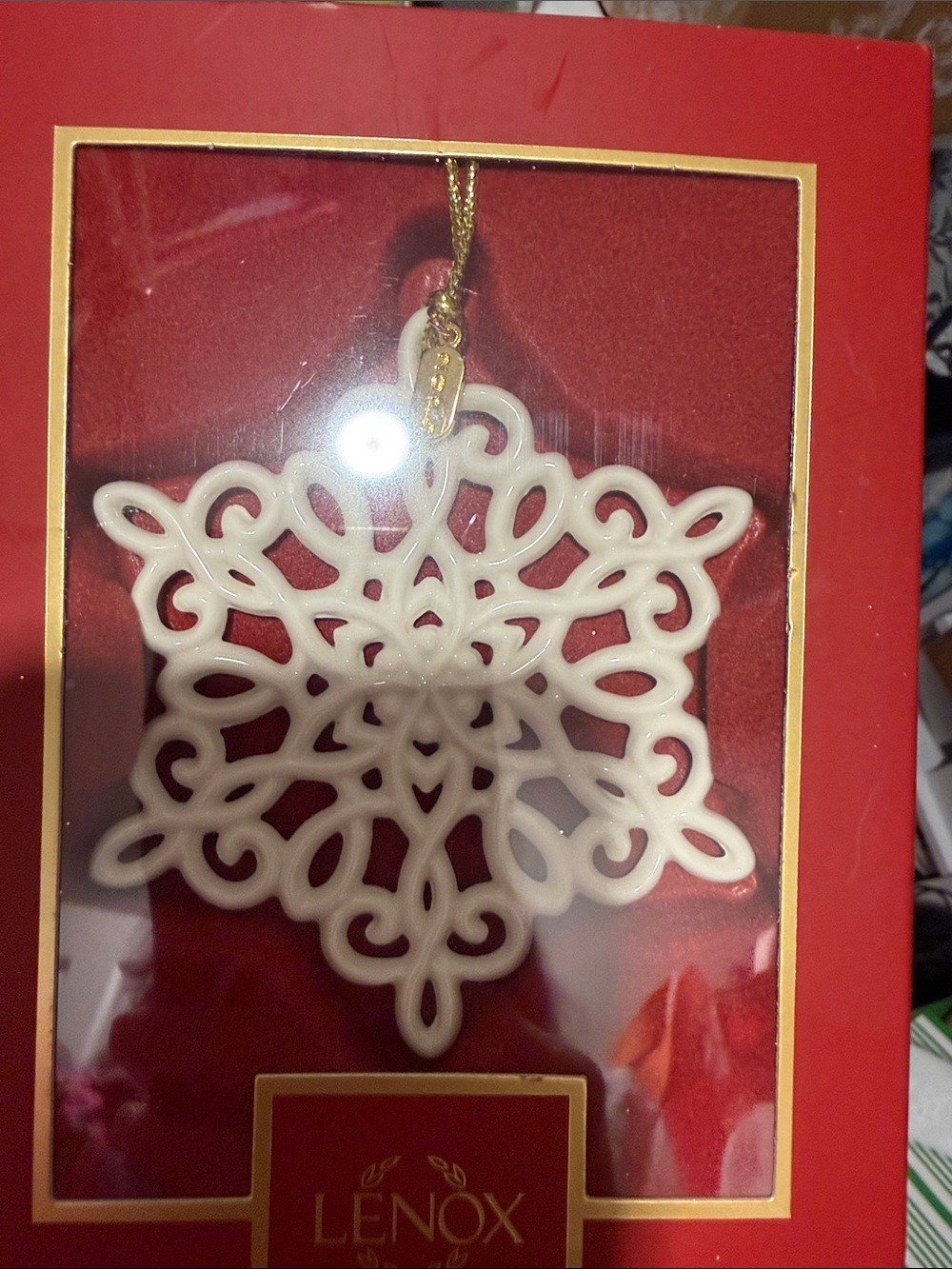 Lenox Cream Filigree Snowflake Ornament with Gold Cord and Tag